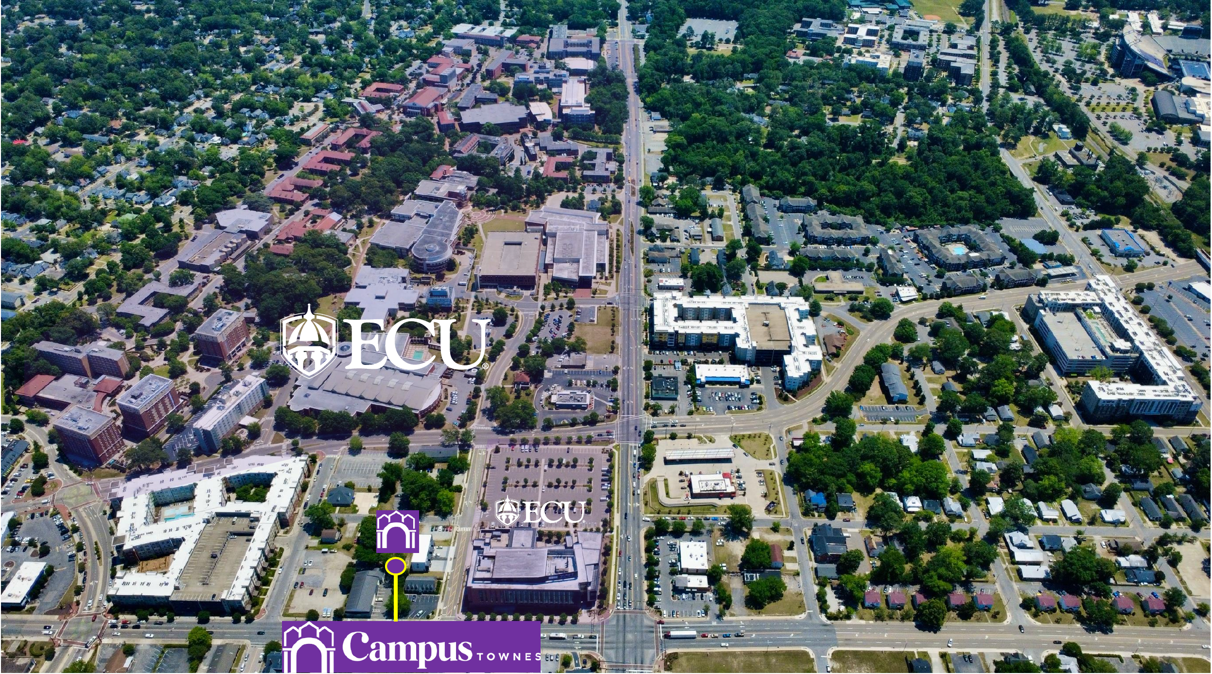 Aerial view of Campus Townes and surrounding neighborhood